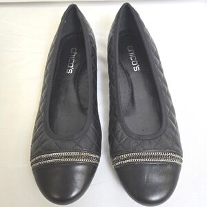 Chico's Quilted Ballet Flats, Silver Tone Chain Accent, Black, Women's Size 9